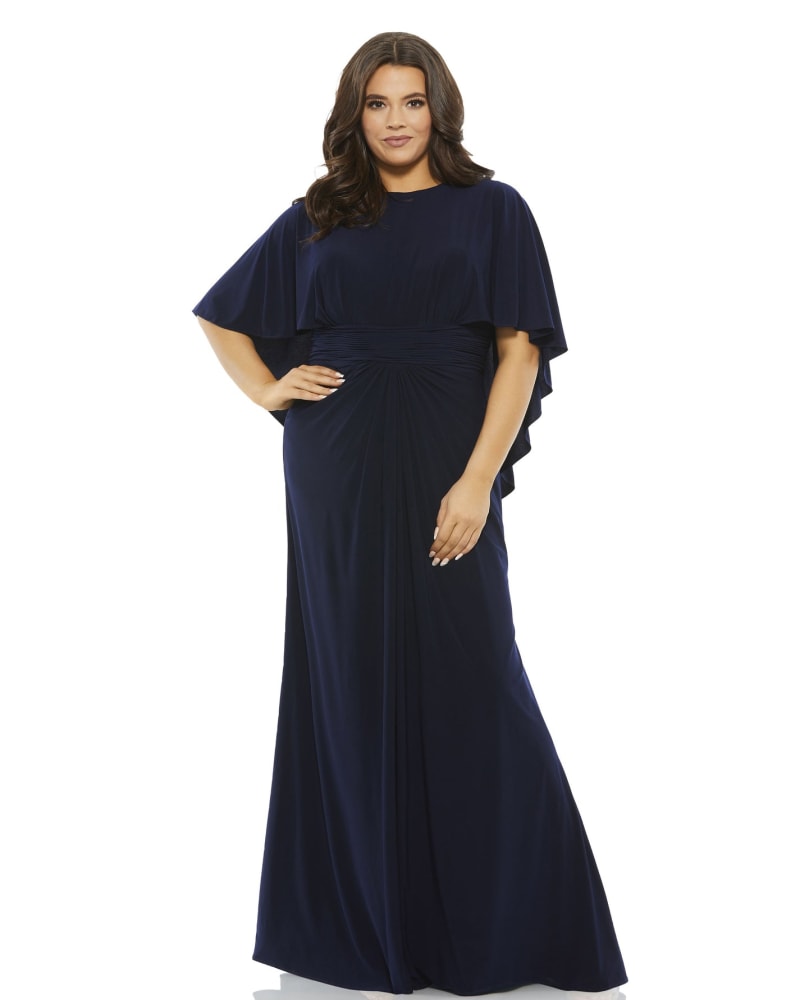 Front of a model wearing a size 12W Jersey Cape Sleeve A Line Gown in Navy by Mac Duggal. | dia_product_style_image_id:289937